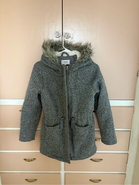 Old Navy Gray Hooded Wool-Blend Pea Coat with Faux Fur Trim
